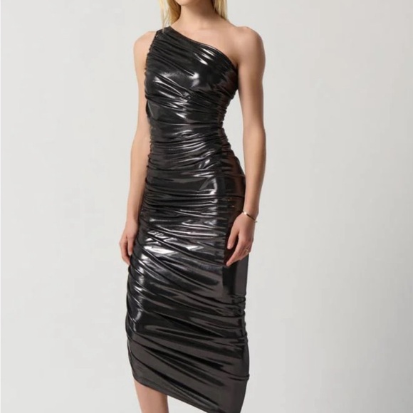 🥂 Joseph Ripkoff one shoulder gun metal dress US size 8 - Picture 2 of 8